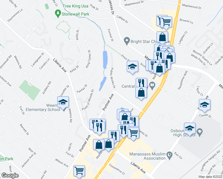 map of restaurants, bars, coffee shops, grocery stores, and more near 8925 Princeton Park Drive in Manassas