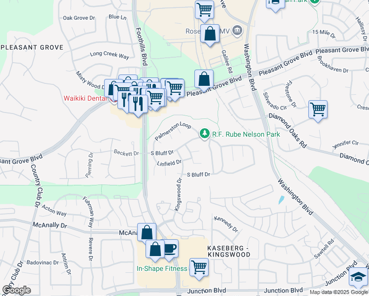 map of restaurants, bars, coffee shops, grocery stores, and more near 1275 South Bluff Drive in Roseville