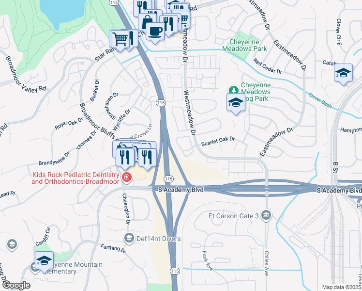 map of restaurants, bars, coffee shops, grocery stores, and more near 4360 Prestige Point in Colorado Springs