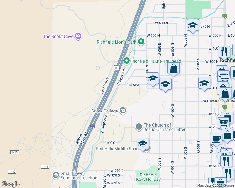 map of restaurants, bars, coffee shops, grocery stores, and more near P N 2700 East in Richfield