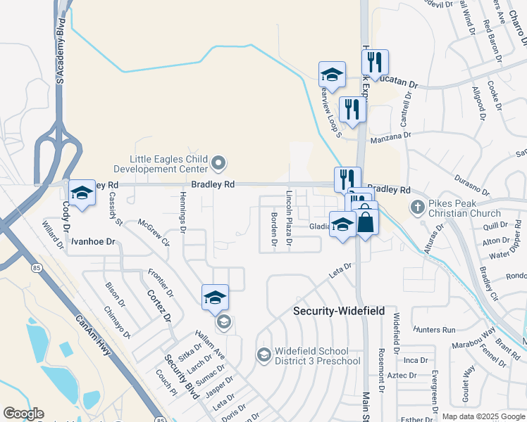 map of restaurants, bars, coffee shops, grocery stores, and more near 4425 Witches Hollow Lane in Colorado Springs