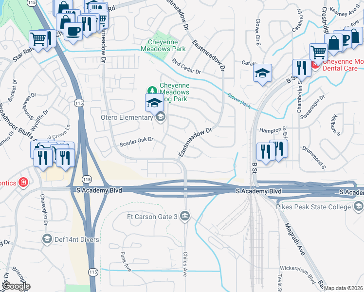 map of restaurants, bars, coffee shops, grocery stores, and more near 1263 Gumwood Drive in Colorado Springs