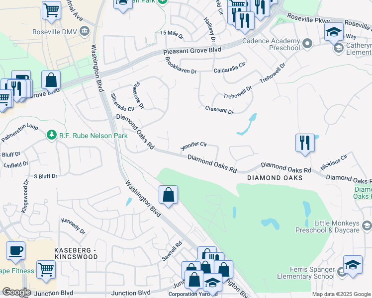 map of restaurants, bars, coffee shops, grocery stores, and more near 222 Jennifer Circle in Roseville