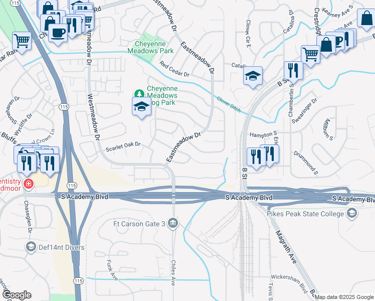 map of restaurants, bars, coffee shops, grocery stores, and more near 1450 Gumwood Drive in Colorado Springs