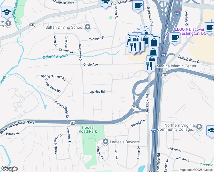 map of restaurants, bars, coffee shops, grocery stores, and more near 7205 Bona Vista Court in Springfield