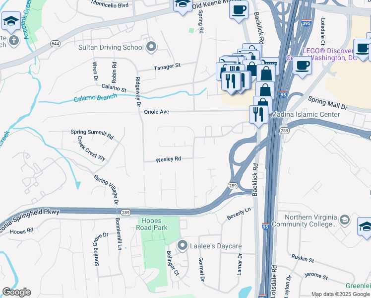 map of restaurants, bars, coffee shops, grocery stores, and more near 7205 Bona Vista Court in Springfield