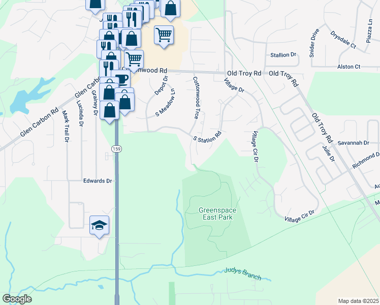 map of restaurants, bars, coffee shops, grocery stores, and more near 12 South Trace Court in Glen Carbon