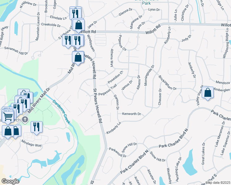 map of restaurants, bars, coffee shops, grocery stores, and more near 34 Danson Drive in Saint Peters