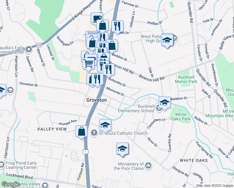 map of restaurants, bars, coffee shops, grocery stores, and more near 2809 Memorial Street in Alexandria