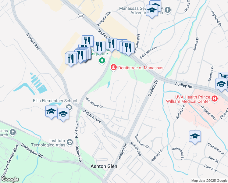 map of restaurants, bars, coffee shops, grocery stores, and more near 8649 Ambrose Court in Manassas