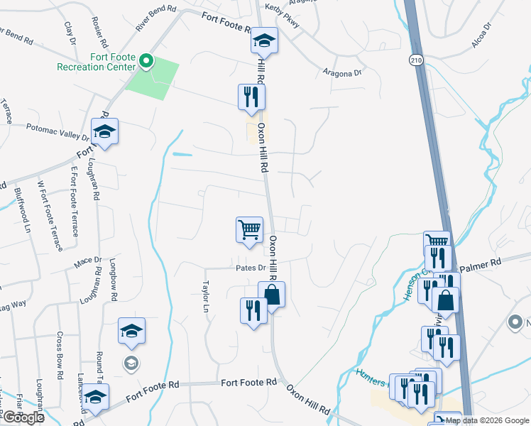 map of restaurants, bars, coffee shops, grocery stores, and more near 8805 Oxon Hill Road in Fort Washington