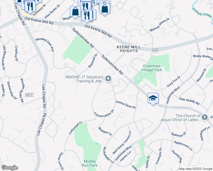 map of restaurants, bars, coffee shops, grocery stores, and more near 6801 Riata Court in Springfield