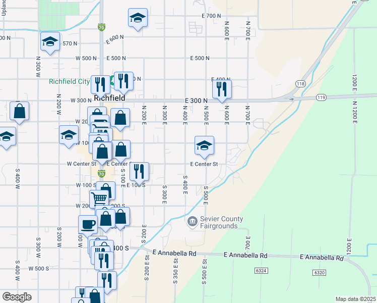 map of restaurants, bars, coffee shops, grocery stores, and more near 66 North 400 East in Richfield