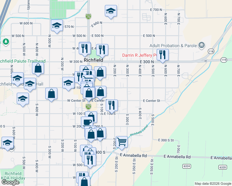 map of restaurants, bars, coffee shops, grocery stores, and more near 62 North 200 West in Koosharem