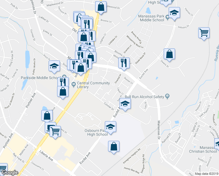 map of restaurants, bars, coffee shops, grocery stores, and more near 8500 General Way in Manassas Park