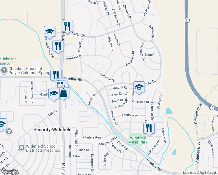 map of restaurants, bars, coffee shops, grocery stores, and more near 5040 Victory Road in Colorado Springs