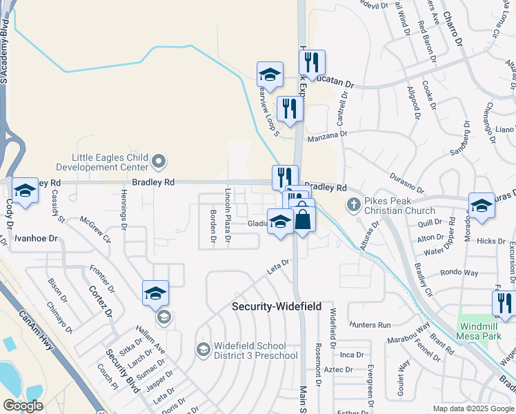 map of restaurants, bars, coffee shops, grocery stores, and more near 4297 Perryville Point in Colorado Springs