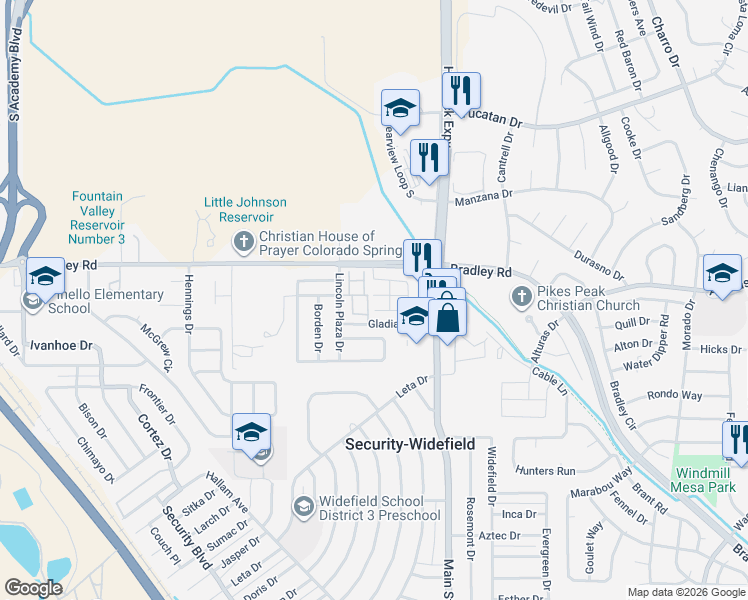 map of restaurants, bars, coffee shops, grocery stores, and more near 4297 Perryville Point in Colorado Springs