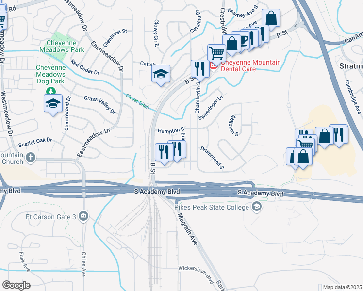 map of restaurants, bars, coffee shops, grocery stores, and more near 4323 Ericson Drive in Colorado Springs