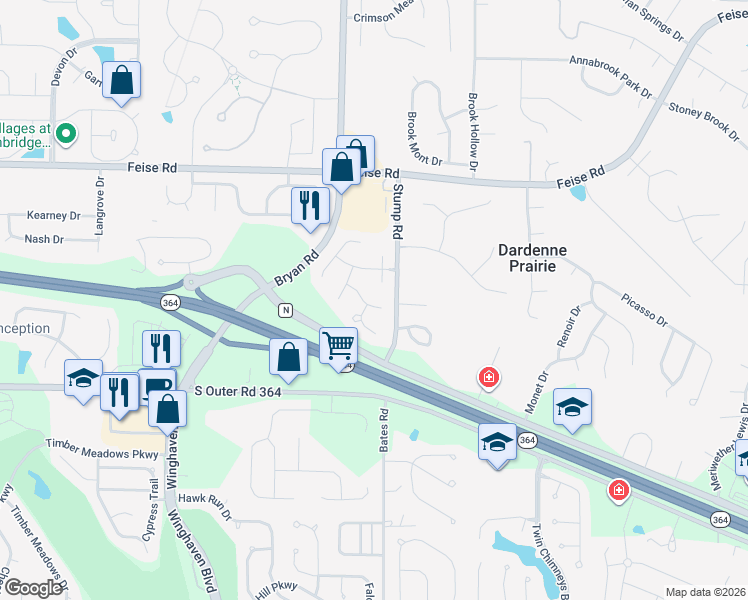 map of restaurants, bars, coffee shops, grocery stores, and more near 7 Pine Cone Court in O'Fallon