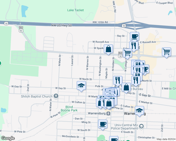 map of restaurants, bars, coffee shops, grocery stores, and more near 213 Lobban Street in Warrensburg