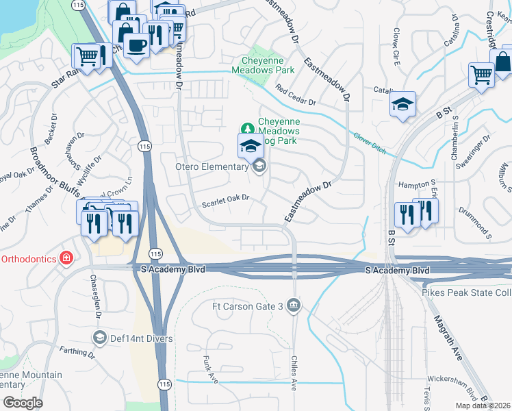 map of restaurants, bars, coffee shops, grocery stores, and more near 4409 Cherry Oak Court in Colorado Springs