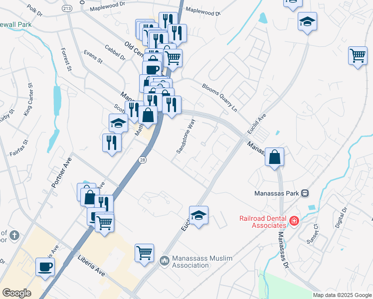 map of restaurants, bars, coffee shops, grocery stores, and more near 8630 Reinecke Court in Manassas Park
