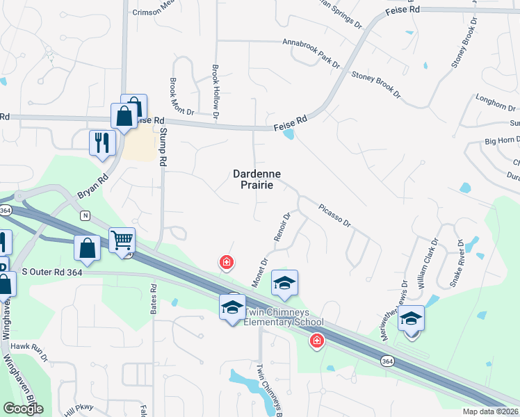 map of restaurants, bars, coffee shops, grocery stores, and more near 1664 Rembrandt Drive in O'Fallon