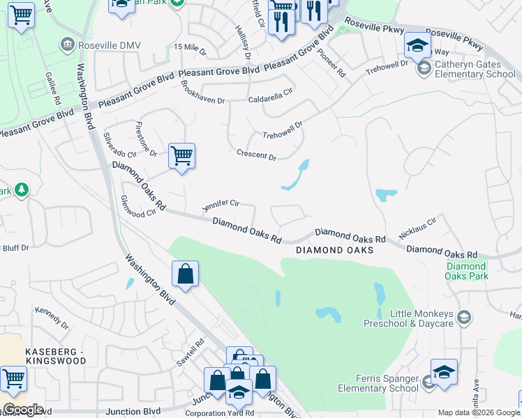 map of restaurants, bars, coffee shops, grocery stores, and more near 243 Jennifer Cir in Roseville
