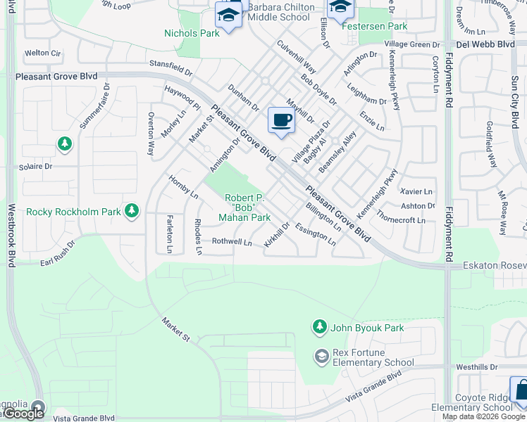 map of restaurants, bars, coffee shops, grocery stores, and more near 1016 Essington Lane in Roseville