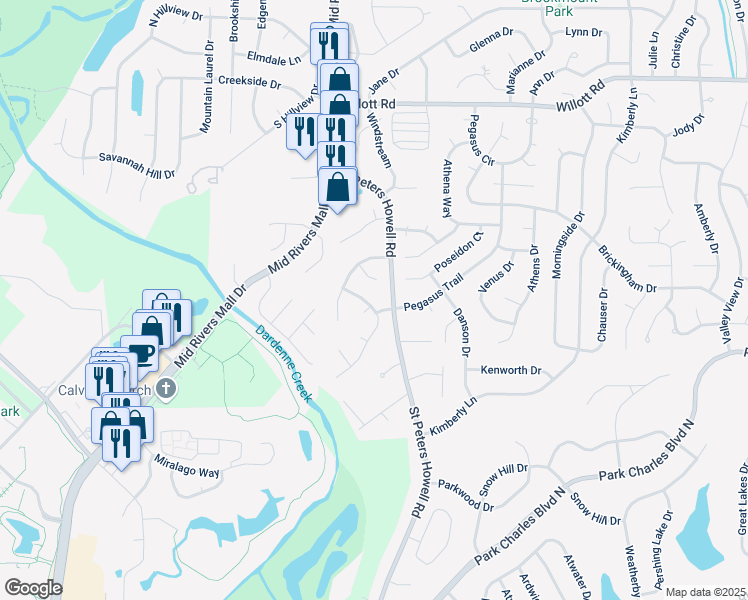 map of restaurants, bars, coffee shops, grocery stores, and more near 1280 Golden Gate Lane in St. Peters