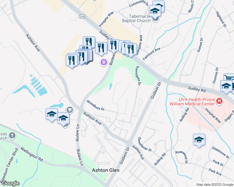 map of restaurants, bars, coffee shops, grocery stores, and more near 8649 Ambrose Court in Manassas