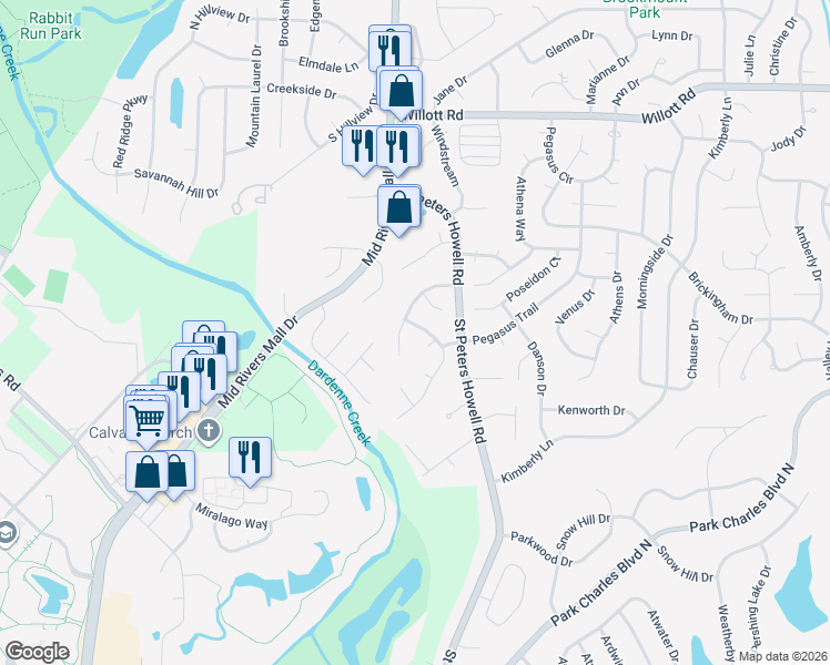 map of restaurants, bars, coffee shops, grocery stores, and more near 1273 Golden Gate Lane in St. Peters