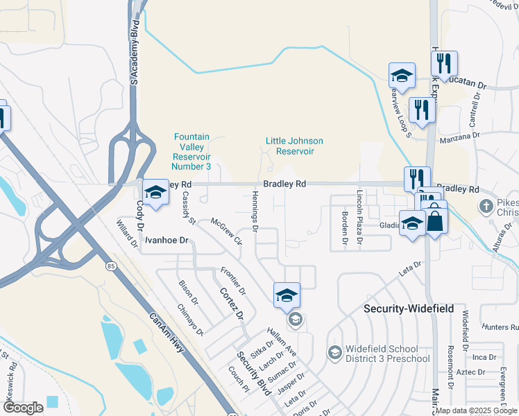 map of restaurants, bars, coffee shops, grocery stores, and more near 4353 Hennings Drive in Colorado Springs
