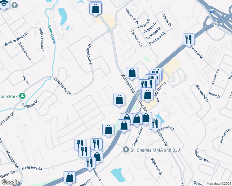 map of restaurants, bars, coffee shops, grocery stores, and more near 1532 Hollowbrook Drive in Saint Charles