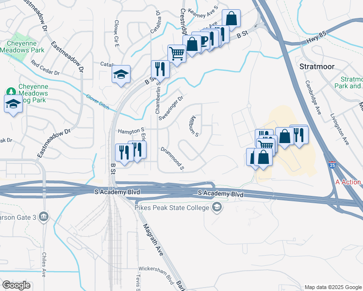 map of restaurants, bars, coffee shops, grocery stores, and more near 4430 Millburn Drive in Colorado Springs