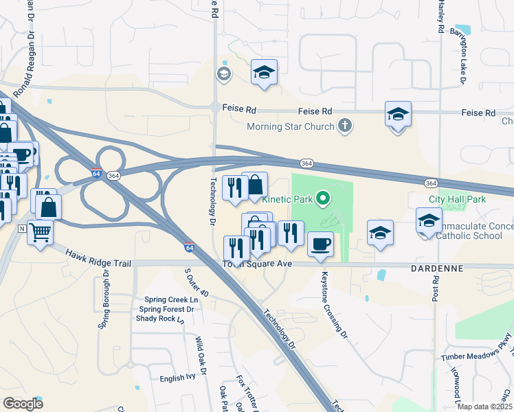 map of restaurants, bars, coffee shops, grocery stores, and more near 7939 Highway N in Dardenne Prairie