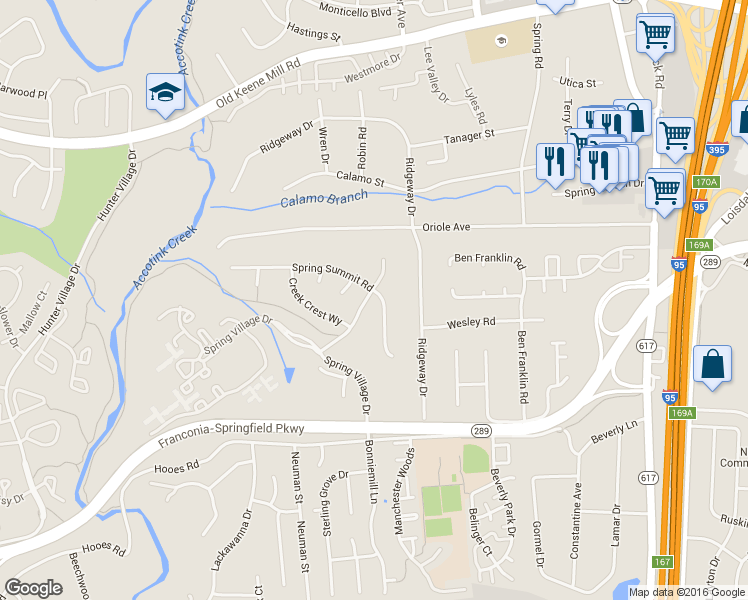 map of restaurants, bars, coffee shops, grocery stores, and more near 6801 Hampton Creek Way in Springfield