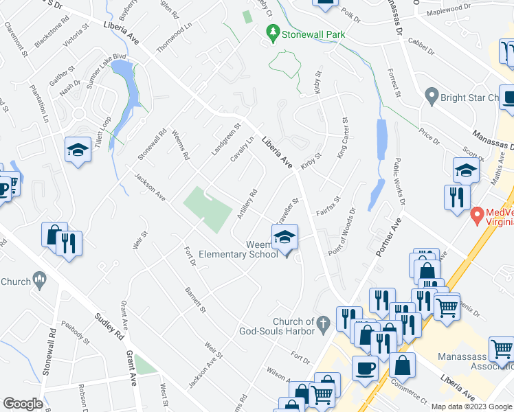 map of restaurants, bars, coffee shops, grocery stores, and more near 8623 Weems Road in Manassas