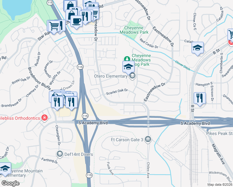 map of restaurants, bars, coffee shops, grocery stores, and more near 1047 Scarlet Oak Drive in Colorado Springs