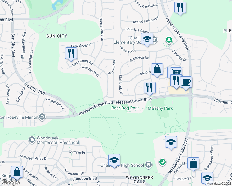map of restaurants, bars, coffee shops, grocery stores, and more near 4016 Rose Creek Road in Roseville