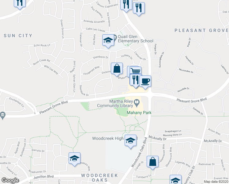 map of restaurants, bars, coffee shops, grocery stores, and more near 203 Crane Court in Roseville