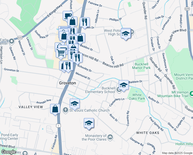 map of restaurants, bars, coffee shops, grocery stores, and more near 2624 East Maple Street in Alexandria
