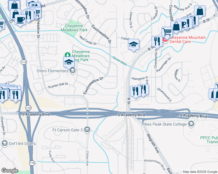map of restaurants, bars, coffee shops, grocery stores, and more near 1618 South Canoe Creek Drive in Colorado Springs