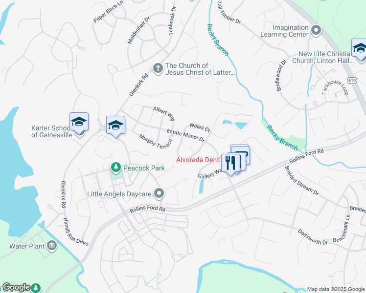 map of restaurants, bars, coffee shops, grocery stores, and more near 8713 Lords View Loop in Gainesville