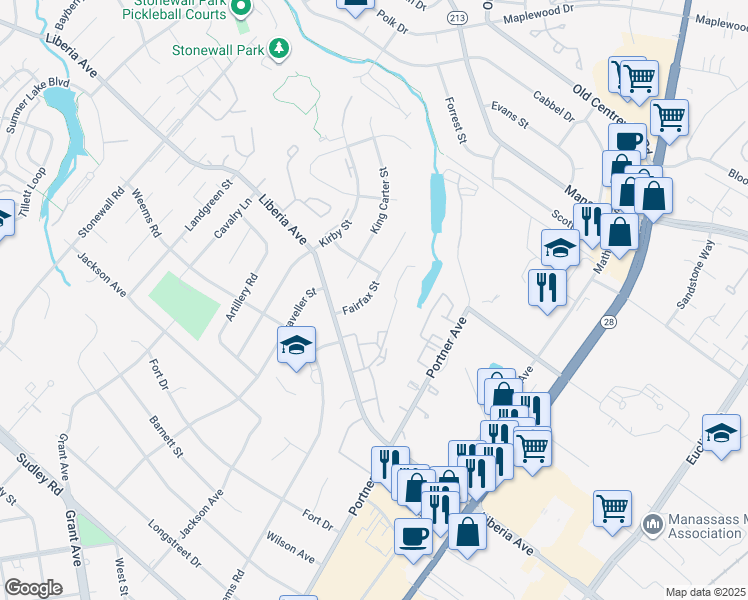 map of restaurants, bars, coffee shops, grocery stores, and more near 8587 Fairfax Street in Manassas
