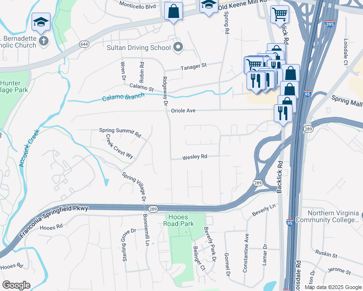 map of restaurants, bars, coffee shops, grocery stores, and more near 7231 Bona Vista Court in Springfield