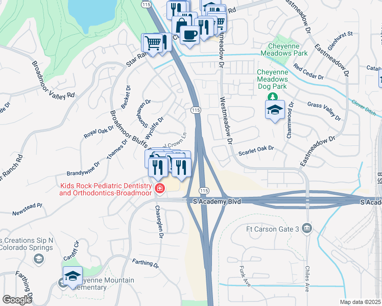 map of restaurants, bars, coffee shops, grocery stores, and more near 4343 Timberview Point in Colorado Springs