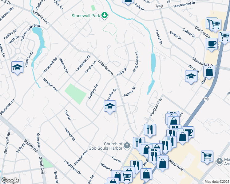 map of restaurants, bars, coffee shops, grocery stores, and more near 8901 Traveller Street in Manassas