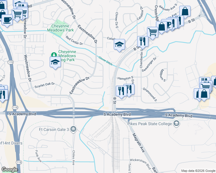 map of restaurants, bars, coffee shops, grocery stores, and more near 4340 Loomis Avenue in Colorado Springs
